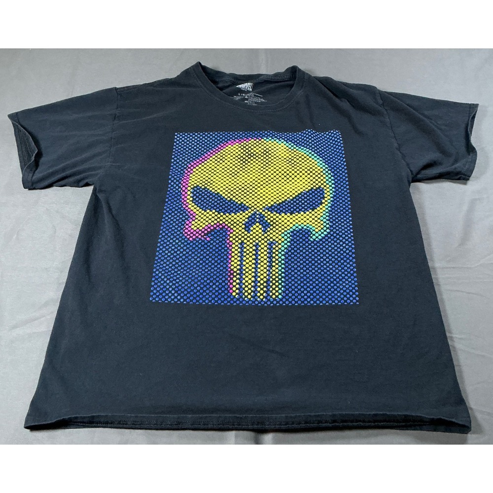 Marvel Punisher Graphic T-Shirt Mens Large Black Mad Engine Halftone Skull Tee